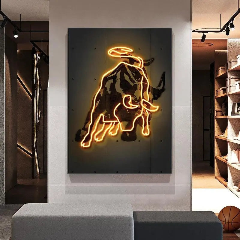 Neon Bitcoin Bull Crypto Gold Wall Art Poster