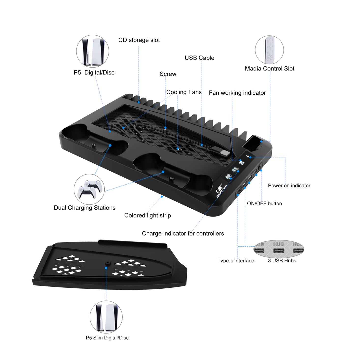 GAMINJA RGB Cooling Base Gamepad Charging Stand For PS5 Console Holder
