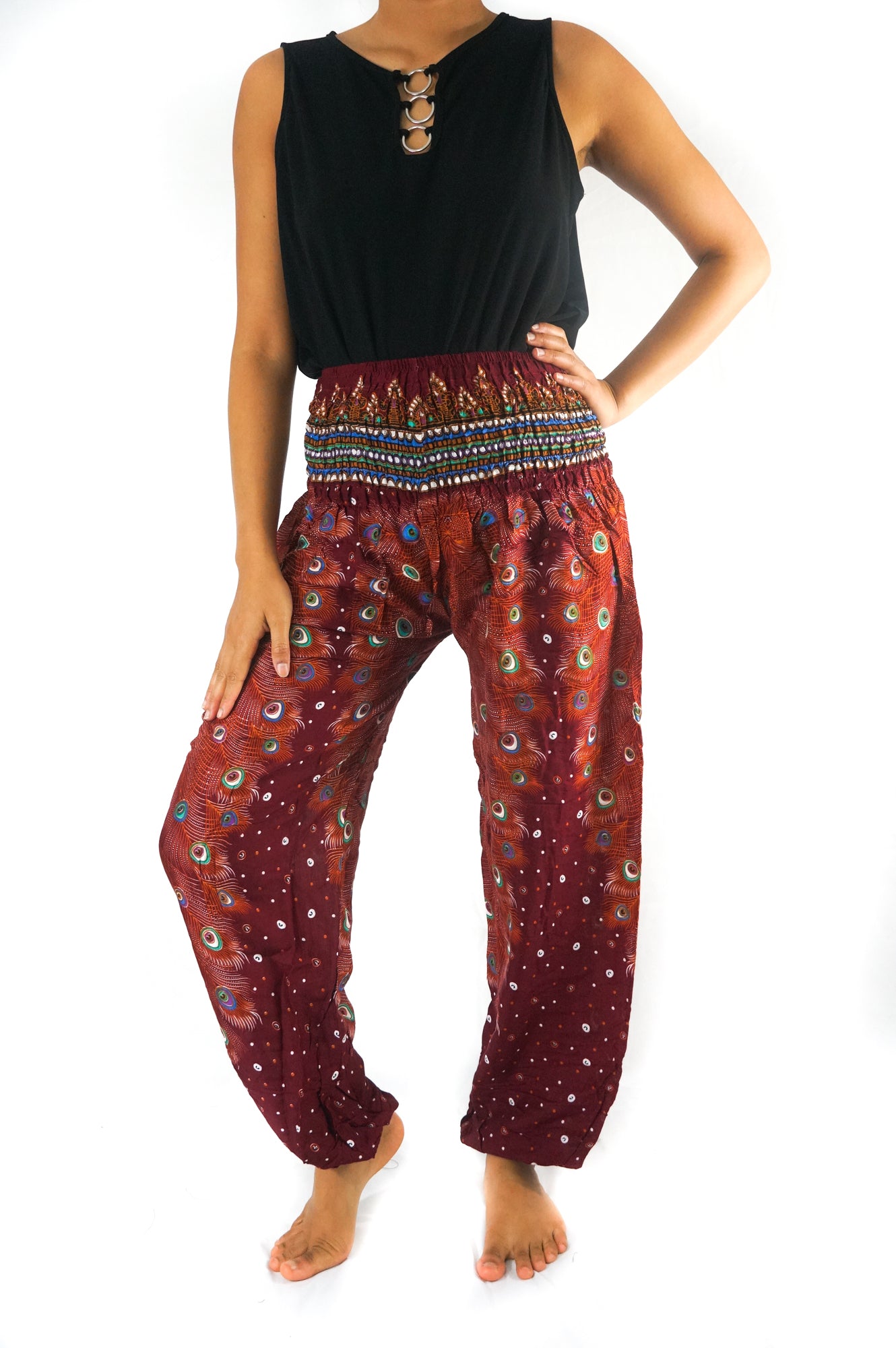 Burgundy PEACOCK Women Boho Pants Hippie Pants Yoga Pants