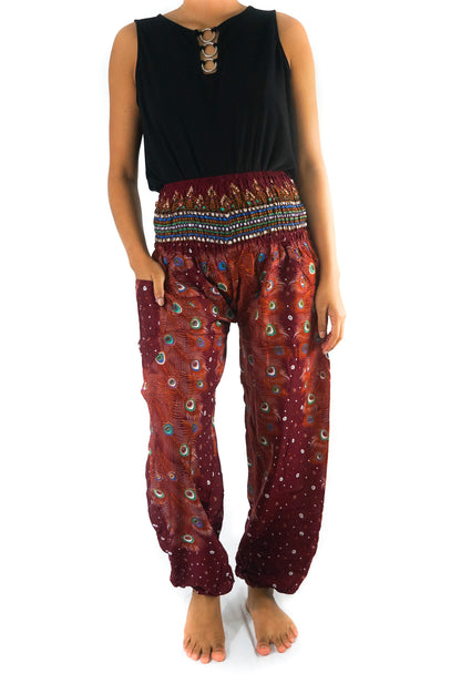 Burgundy PEACOCK Women Boho Pants Hippie Pants Yoga Pants